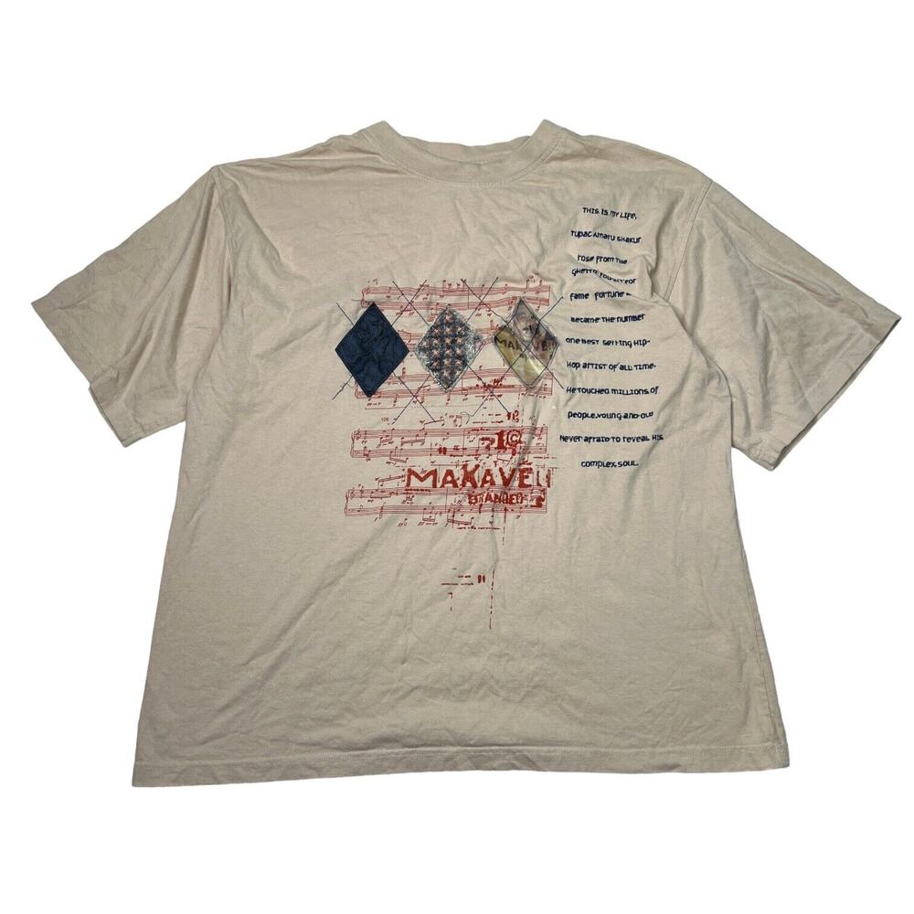 Makaveli Tupac VTG Y2K Embroidered Tee T-Shirt Rap Hip Hop FLAW Tan Mens 3X